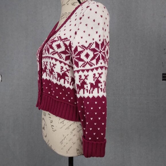 Decree | Holiday Christmas Winter Cardigan Cropped White Magenta | Sz S/M - Picture 4 of 7